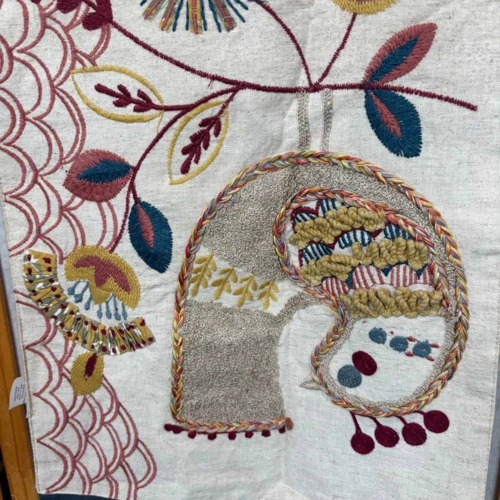 Pier 1 Imports Table Runner 13x72 Tan Embroidered Boho Floral Bird Applique